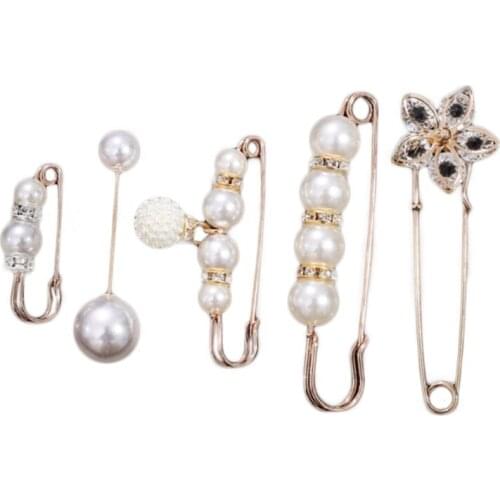 Faux Pearl Safety Pins Rhinestone Jewelry Brooch Sweater Shawl Clips Decoration F42F
