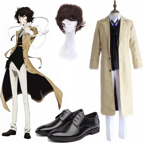 Bungo Stray Dogs Dazai Osamu Cosplay Anime Costume Long Jacket Coat Suit Adult Unisex Halloween Christmas Costume Wig