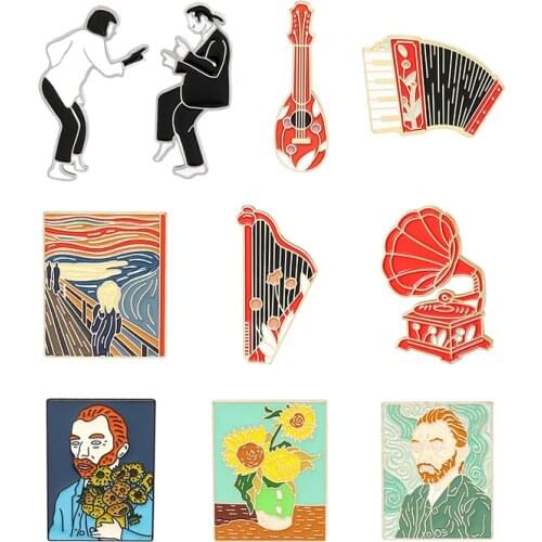 Van Gogh oil painting Art Enamel Brooch Red black Retro musical instruments Lapel Pin pulp fiction Hero heroine Custom Badge