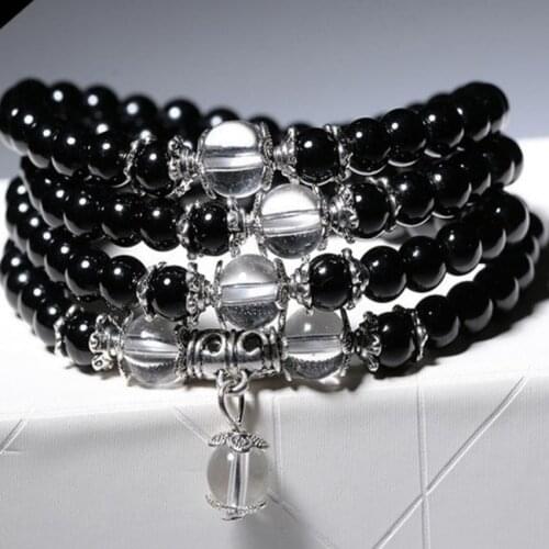 FYSL Silver Plated Black Obsidian Stone Beads Elastic Bracelet Smoky Quartzs Trendy Jewelry