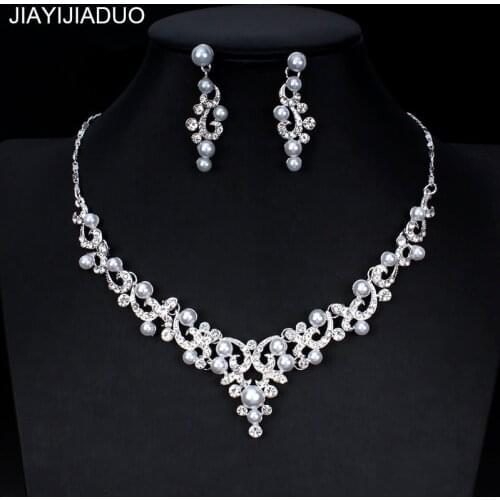 Jiayijiaduo Wedding Jewelry Set for Women Bridesmaid Gift Jewelry Silver Color Imitation Pearl Crystal Necklace Earrings Set