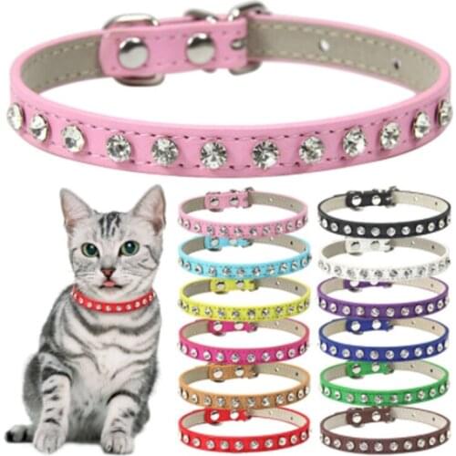 Colorful PU Leather Pet Collar Shining Diamond Rhinestone Neck Strap Safe Anti-Lost For Cat Dog Soft Supplies Accessories XS/S