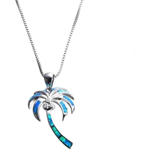 Fashion Women Pendant Coconut Palm Tree Shape Fire Opal Necklace Classic Chain Girl Jewelry Accessories