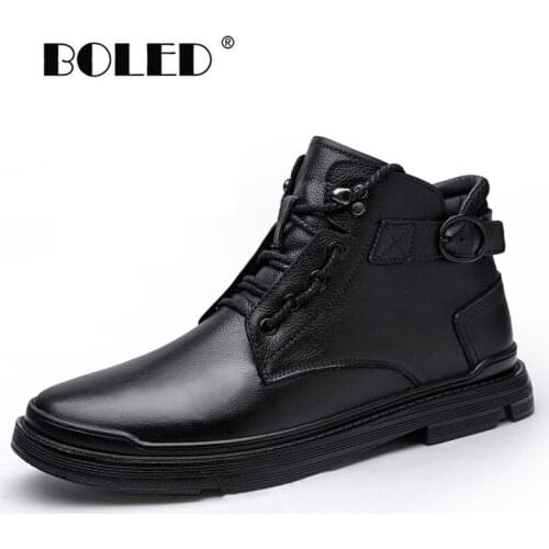 Autumn Winter Boots Men Natural Leather Plush Fur Ankle Snow Boots Men Vintage Lace Up Outdoor Shoes Men