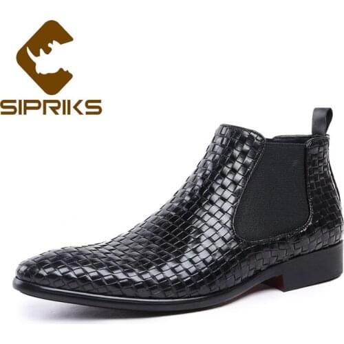 Sipriks Genuine Leather Black Woven Boots For Men Pointed Toe Chelsea Boots Work Boots Luxury Male Wedding Shoes