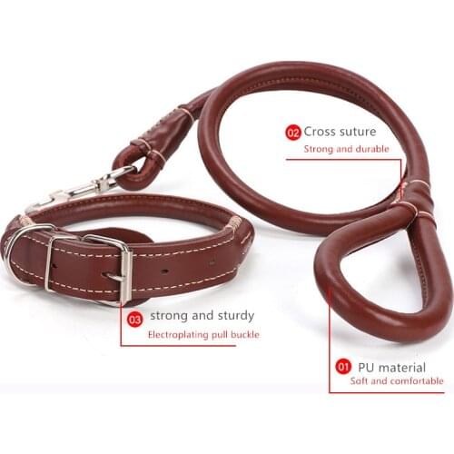 Fashion PU Leather Dog Collar and Leash Set Round Strong Pet Walking Training Leash for Small Medium Big Dog