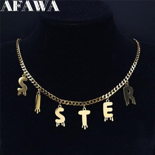 Punk Sister Stainless Steel Pendants Necklaces Women Gold Color Letter Chain Necklaces Jewelry cadenas mujer N7003SISTERS01