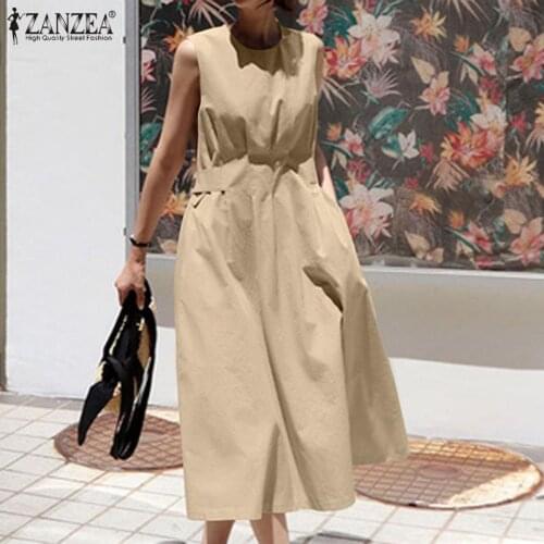 ZANZEA Women Summer Sleeveless Solid Mid-calf Sundress Elegant OL Dress Casual Loose O Neck Tanks Vestidos Sarafans