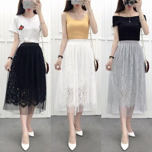 Pleated Tulle Skirts Black White Gray Long Skirt Korean Elegant High Waist Women Lace Skirt