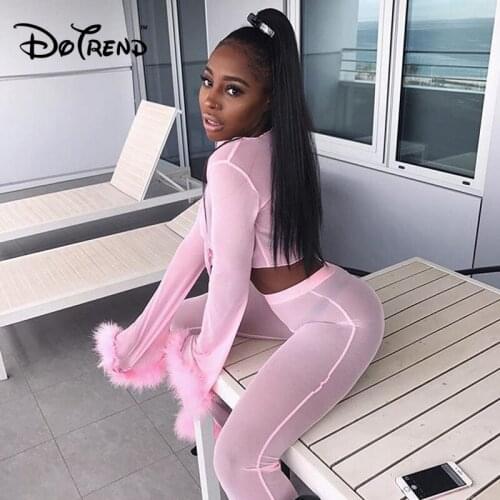 See Through Mesh Pants Faux Fur High Waist Pants 2019 New Arrival Party Club Outfit Crop Top Sets Pants Summer Women Sets