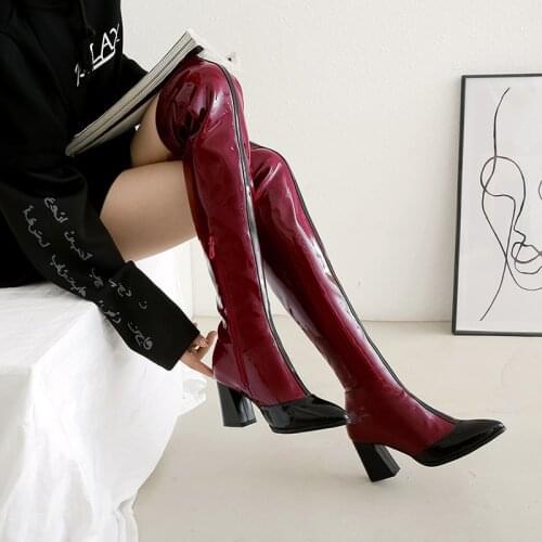 Large 40-46 patent leather thick heel thin Knee Boots sexy high heel womens Boots Steel Tube boots fat sister show boots