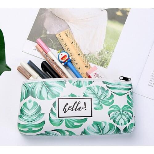 Cute Leaves Pencil Cases Big PU Leather Pencil Box Kawaii Bag Waterproof Pen Case For Kids Korean Stationery School Supplies