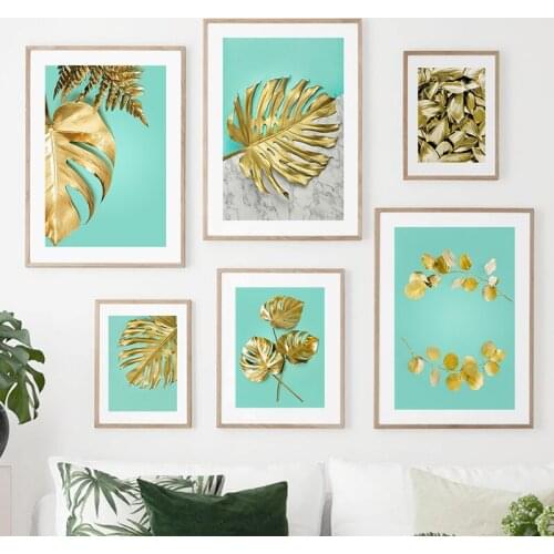 Nordic Posters And Prints Marble Green Golden Monstera Leaves Wall Art Canvas Painting Wall Pictures For Living Room Home Decor
