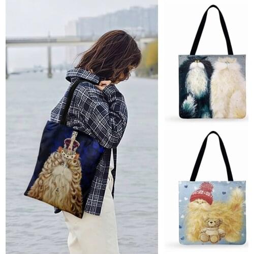 Foldable Shopping Bagcolored Big Fat Cat Print Tote Bag For Women Casual Tote Ladies Shoulder Bag Outdoor Beach Tote Handbags