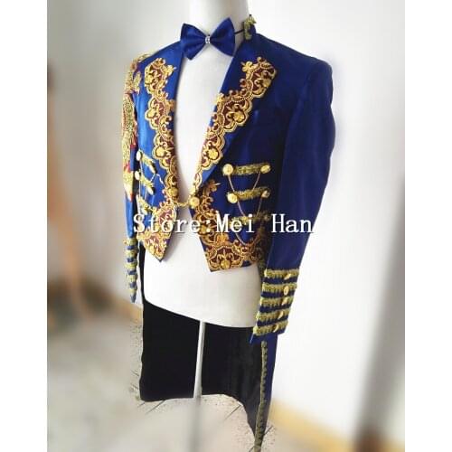 Shining Blue Trims Tuxedo For Men Chains Jacket Embroidery Stage Performance Circus Wear Costume Outerwear Male Singer Outfit