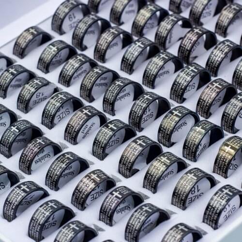 8MM Brand New 50PCS/Lot English Jeremiah Prayer Stainless Steel Etching Polished Band Cross Rings Wholesale Gifts