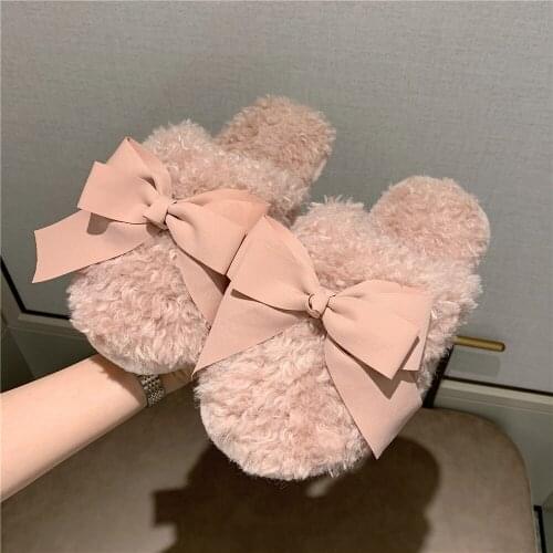 Cute Bow Fuzzy Slippers Winter Faux Fur Slides Soft Indoor Womens Slippers For Home Fluffy Slipper Pink Plush House Shoes Woman