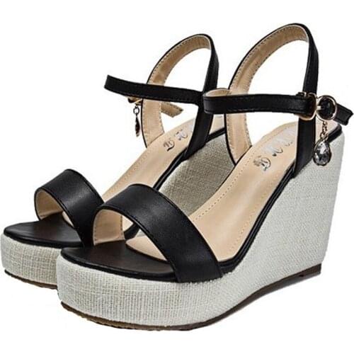 Shoes Woman 8CM Wedges High Heels Pumps PU Buckle Strap Open Toed Office & Career Dress Sexy Party Wedding women shoes 2020