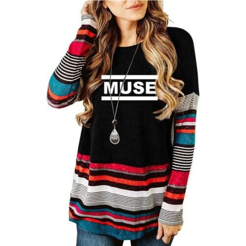 Muse t shirts Women muse Long Sleeve Cotton striped crew neck T-shirt sweater large women tops