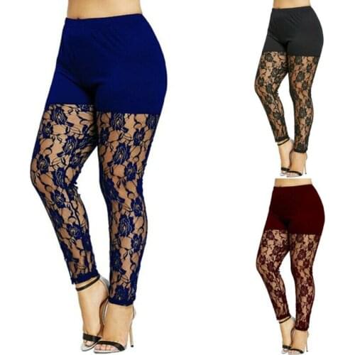 Plus Size Women Lace Hollow Out Leggings High Waist Pencil Pants Skinny Lace Floral Trouser Casual Style Womens Homewear