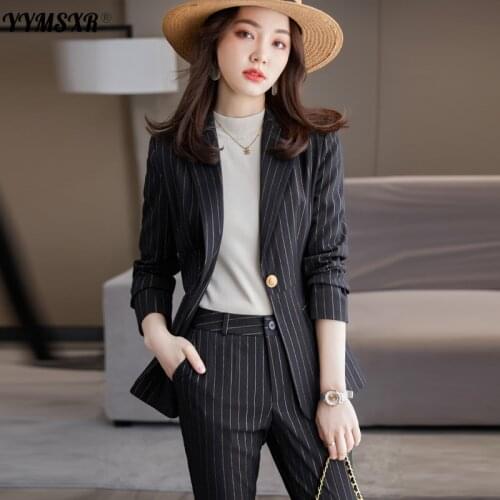 S-4XL Plus Size Professional Wear Womens 2021 Autumn and Winter Temperament Striped Suit Slim High Waist Trousers Overalls