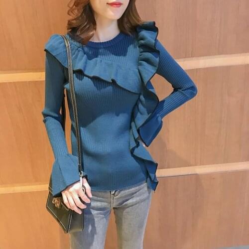 Sweet Korean Style Ruffle Splice Pullover Sweater Women Autumn Flared Sleeves O-Neck Knitwear Tops Jumper TT0462