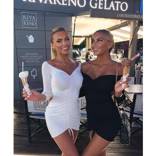 Summer New Womens Wear Black White v Necklace Long Sleeve Sexual Folding Tape Tight Mini Short Dress