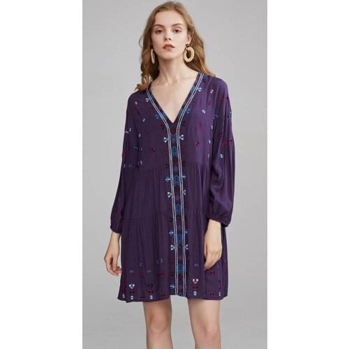 OrGypsy Summer Dress Women 100% Rayon Stars Embroidery Mini Dress Boho Casual Loose Chic V-neck Long Sleeve Dresses Vestidos New