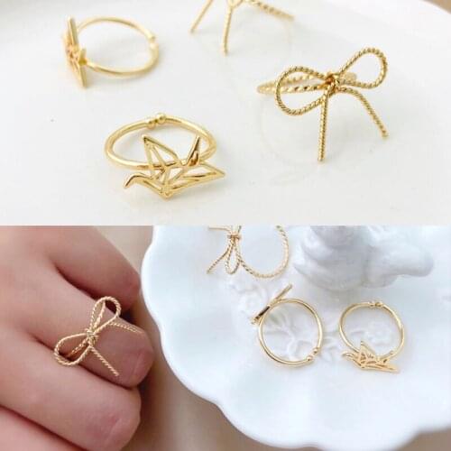 18K gold-clad gold and color-preserving small fresh bow ring can be adjusted temperament copper crane ring girls jewelry