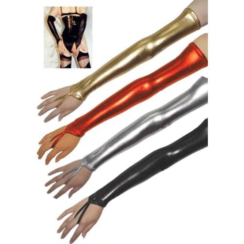 2018 Black Leather Women Lady Sexy Arm Length Gloves Elastic Shiny Mid-Upper Wet Look Long Solid Gloves