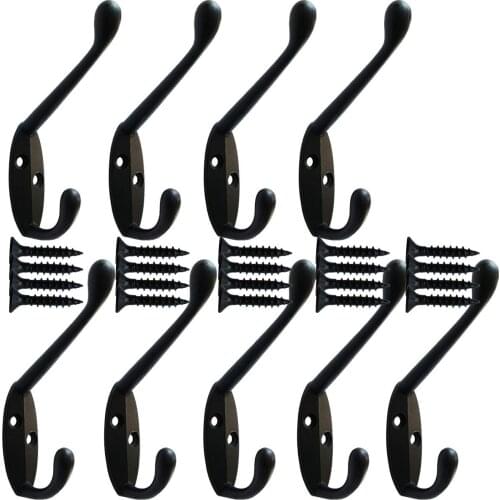 9 Pack heavy duty Coat Hooks Wall Mounted for Hat hardware Dual Prong Retro Coat Hanger with 20 Screws Black Color