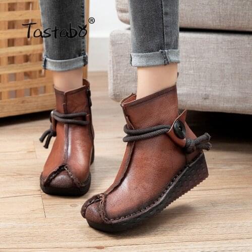 Bohemian Bowknot Lace Winter Boots Women Shoes Woman Ankle Boots Vintage Printed Genuine Leather Splicing Zipper Booties 58501