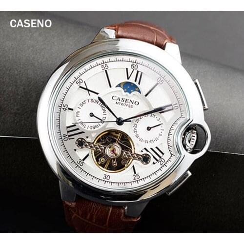 Tourbillon Mens Watch Top Brand Luxury Belt Watch Men Automatic Mechanical Wristwatch Skeleton Sport Male Clocks relogio CASENO