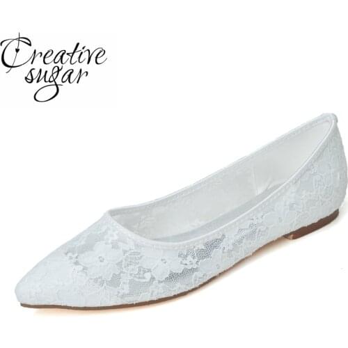 Creativesugar Pointed toe see through soft lace mesh bridal wedding flats prom cocktail evening dress shoes pink black white