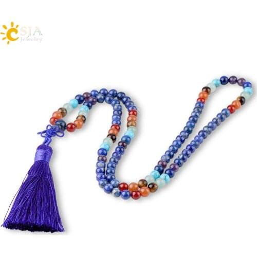 CSJA 7 Chakra Natural Stone Tassel Pendant Necklace 6mm 108 Mala Reiki Purple Crystal Pink Quartz Lapis Necklaces for Women F972