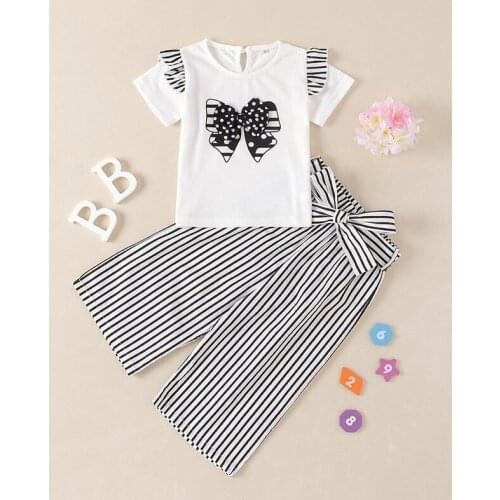 Girls Fashion Clothing Sets 2021 New Summer Kids Bow Top and Striped Pants Outfit 2Pcs Kids Casual Cute Clothes Suit 2-6 Years