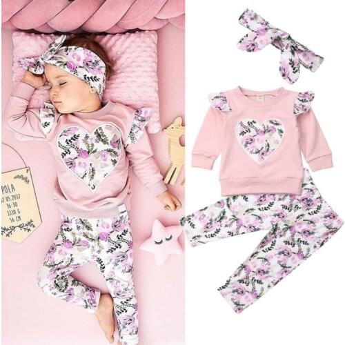 3pcs Girls Set Autumn Baby Clothing Set Long Sleeve Shirt Girls Tops Love Shape Floral Print Long Pants Girls Headband Kids Suit