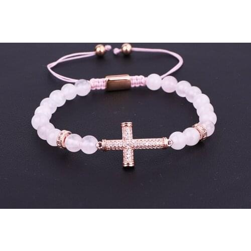 Fashion New Design Women Bracelet CZ Pave Cross Charm Natural Stone Braided Beads Bracelet Women Lady