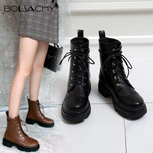 2020 New Women Ankle Boots Female Lace Up Autumn Winter Shoes PU Leather Woman Motorcycle Boots Platform Booties Comfortable