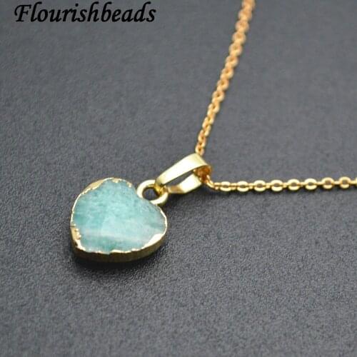 Natural Amazonite Faceted Stone Heart Pendant Linked Chains Necklace Fashion Jewelry