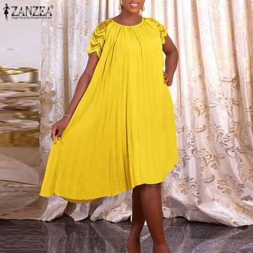 ZANZEA Women Summer Short Sleeve Elegant Lace Floral Midi Dress Oversized Casual Loose Party Sundress Robe Femme Pleated Vestido