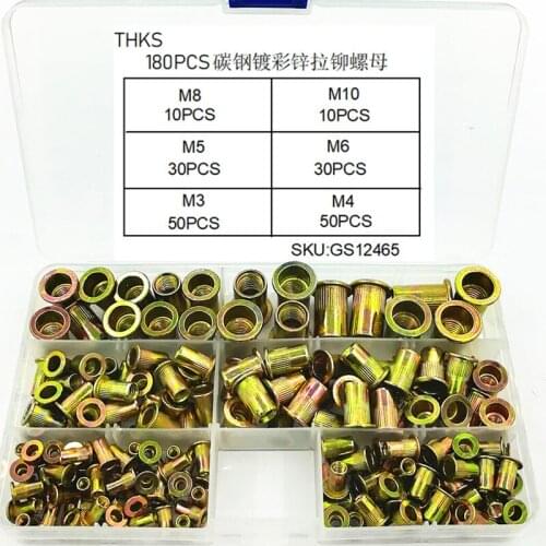 Carbon Steel Flat Head Threaded Rivetnut Insert Nutsert Aluminum Alloy Rivet Nut Assortment Kit - M3 M4 M5 M6 M8 M10 Rivet Gun