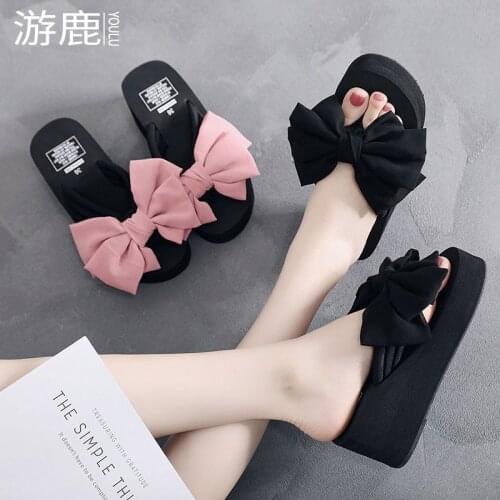 Fashion Summer Outdoor Flip Flops New Elegant Butterfly-knot Beach Slippers High Heel Wedges Shoes Anti-slip Big Women Saldals