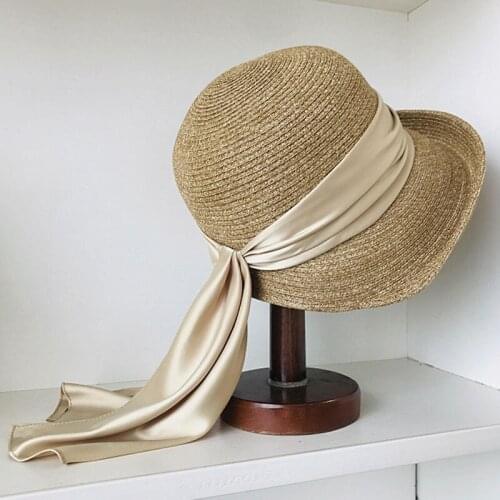 Long Silk Ribbon Bowknot Ladies Summer Hat Sun Straw Packable UPF 50+ Beach Hat Roll Up Wide Brim Bucket Hats Derby Travel Hat