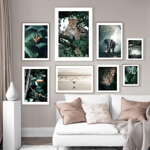 Nordic Forest Elephant Leopard Animal Canvas Wall Art Print Painting Plant Leaf Landscape Poster Nature Decorative Picture Home