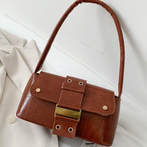 Vintage PU Leather Baguette Shoulder Bags For Women 2021 Womens Designer Solid Color Handbag Female Travel Armpit Crocodile Bag