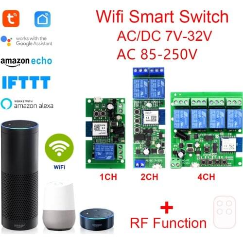 Tuya Smart Remote Control Wireless Wifi Switch Module 1/2/4CH DC 7-32V 5V 12v 24v RF Receiver 10A wifi Relay For Alexa DIY