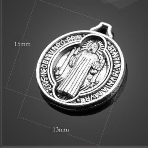 High Quality 50 Pieces/Lots 13mm*15mm Antique Silver plated Round Tag Religious Charm Benedict Medal Charms Wholesale