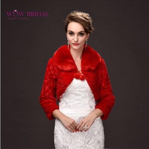 Wowbridal 2021 Elegant Red Wedding Jacket Submissive Faux Fur Printed Mink Collar Shawl Bridal Coat Accessories