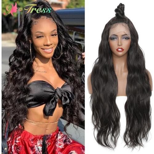 Black Colored Synthetic Lace Front Wigs for Women Long Loose Wavy Moon Part Lace Wigs X-TRESS Heat Resistant Daily Cosplay Wigs
